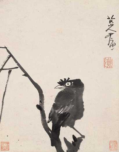 朱耷 枝上鸲鹆 屏条